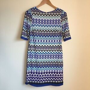 Eliza J Aztec Geometric Print Short Sleeve Sheath‎ Dress Lined Womens Siz…